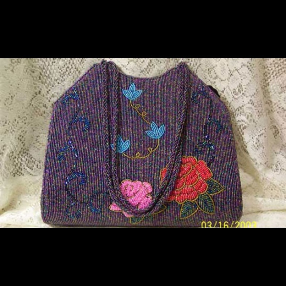 Floral Double Chained Beaded Shoulder Bag (Purple)